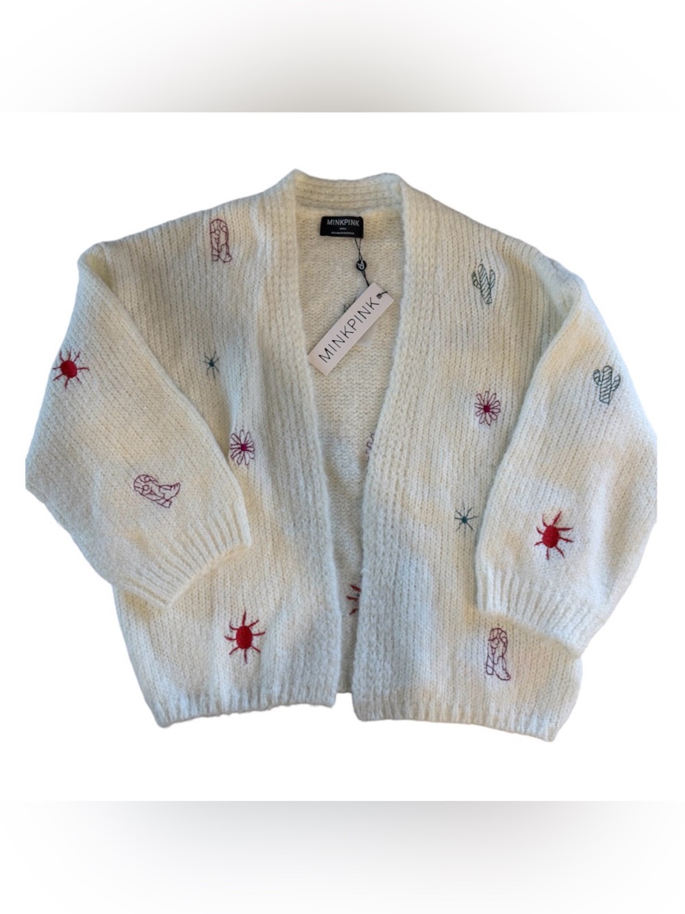 MINKPINK White Open-Front Cardigan with Multi-Color Embroidery Size Small